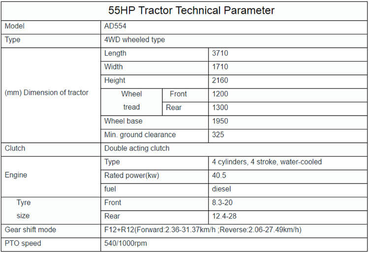 Small Agriculture Machinery 55HP 4WD Tractor parameter